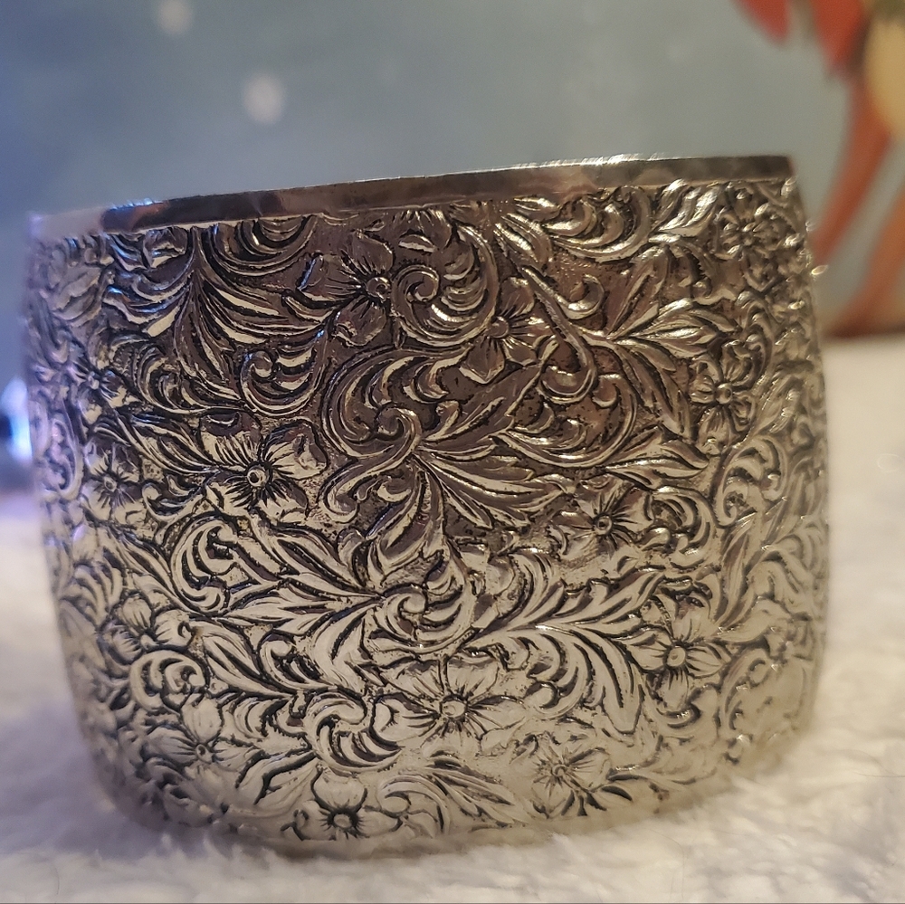 Floral Pewter 1978 Cuff Bracelet By Sarah Coventry